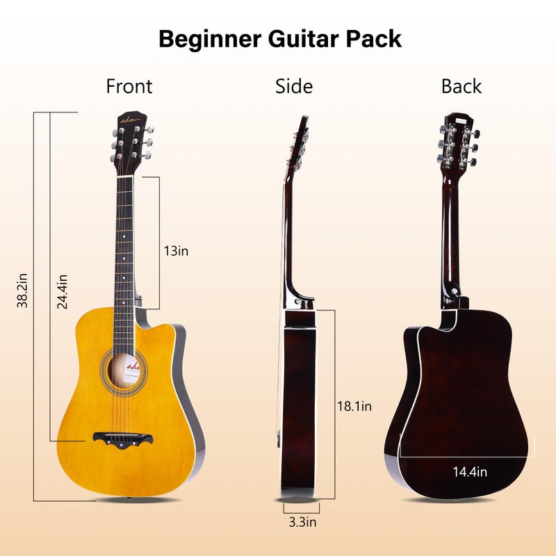 ADM 38" Inch Acoustic Guitar Bundle for Beginners Adults with Online Lesson, Cutaway Wood Acustica Guitarra Starter Set Package with Gig Bag, Strap, Steel Strings, Picks, Capos, Stand, Yellow - Image 5