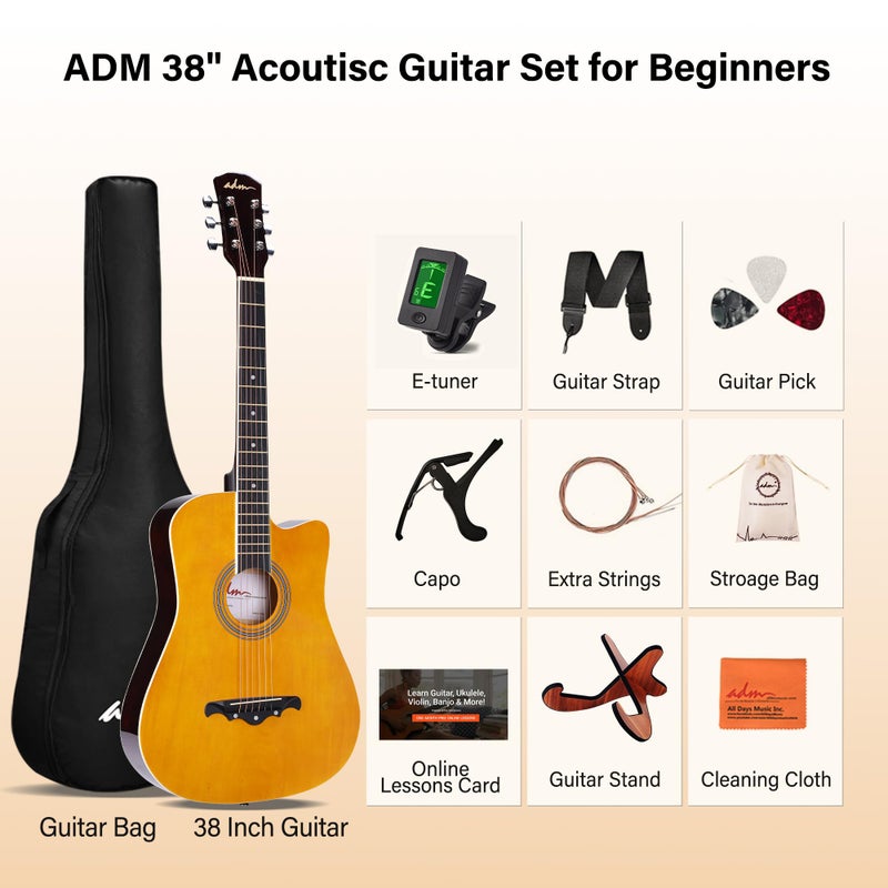ADM 38" Inch Acoustic Guitar Bundle for Beginners Adults with Online Lesson, Cutaway Wood Acustica Guitarra Starter Set Package with Gig Bag, Strap, Steel Strings, Picks, Capos, Stand, Yellow - Image 3