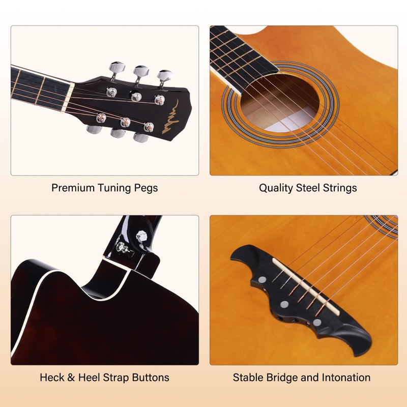 ADM 38" Inch Acoustic Guitar Bundle for Beginners Adults with Online Lesson, Cutaway Wood Acustica Guitarra Starter Set Package with Gig Bag, Strap, Steel Strings, Picks, Capos, Stand, Yellow - Image 4