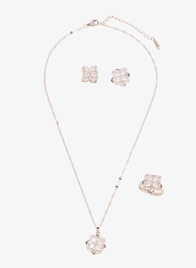 Floral Diamante Pendant ,Ring & Earring Set