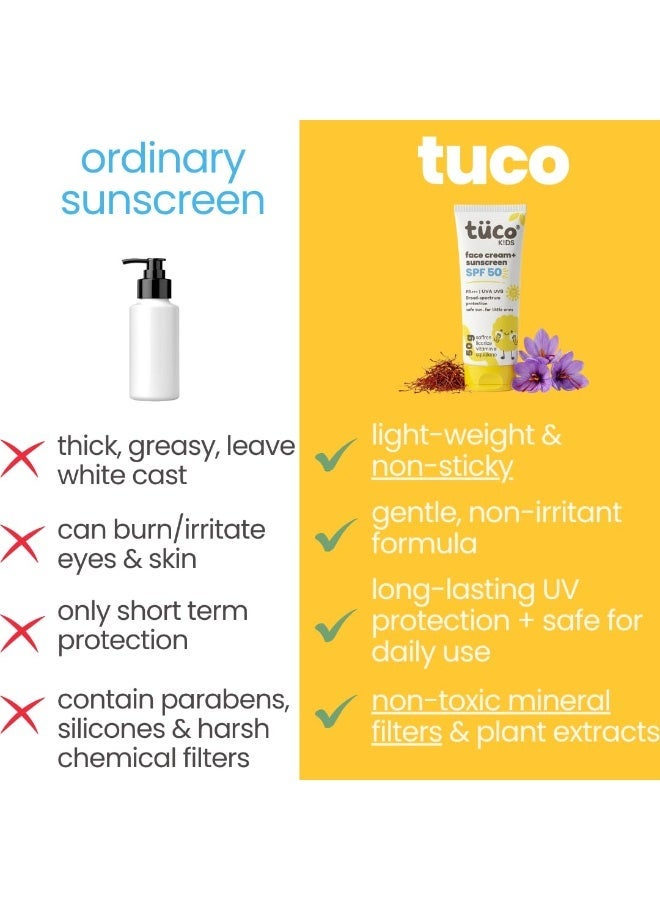 Tuco® Kids 2 in 1 Face Cream + Sunscreen SPF 50 with Saffron oil | UVA/UVB PA++++ | Broad Spectrum Protection | Benzophenone- 3 and Avobenzone Free | Ages 2-5, 5-10, 10-15 | 50gm - Image 3