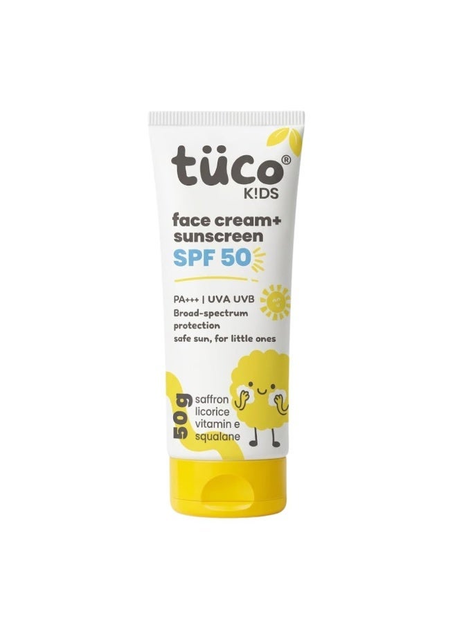 Tuco® Kids 2 in 1 Face Cream + Sunscreen SPF 50 with Saffron oil | UVA/UVB PA++++ | Broad Spectrum Protection | Benzophenone- 3 and Avobenzone Free | Ages 2-5, 5-10, 10-15 | 50gm - Image 1