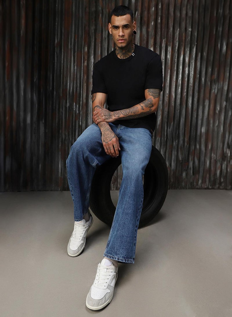 HIGH STAR Men's Indigo 100% Cotton Distressed Full Length Loose Fit Jeans  - Image 1