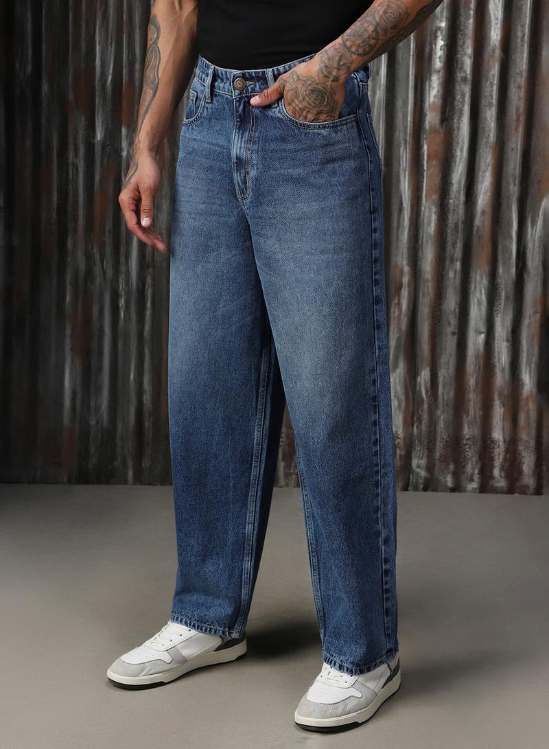 HIGH STAR Men's Indigo 100% Cotton Distressed Full Length Loose Fit Jeans  - Image 2