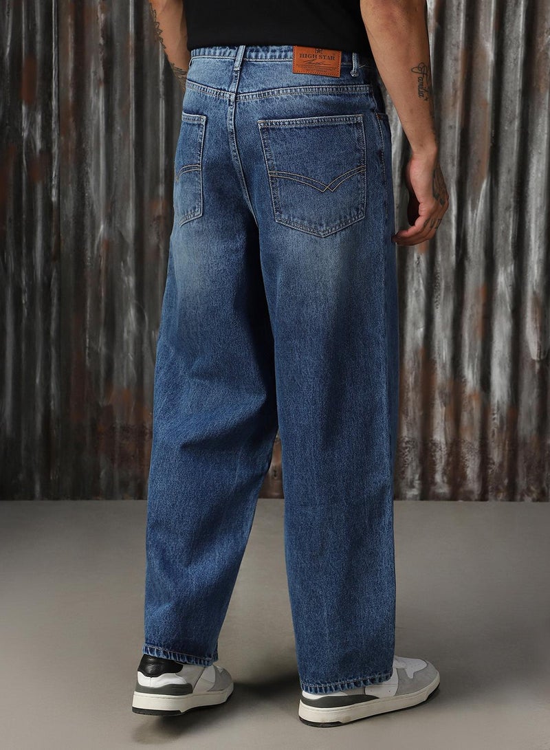 HIGH STAR Men's Indigo 100% Cotton Distressed Full Length Loose Fit Jeans  - Image 3