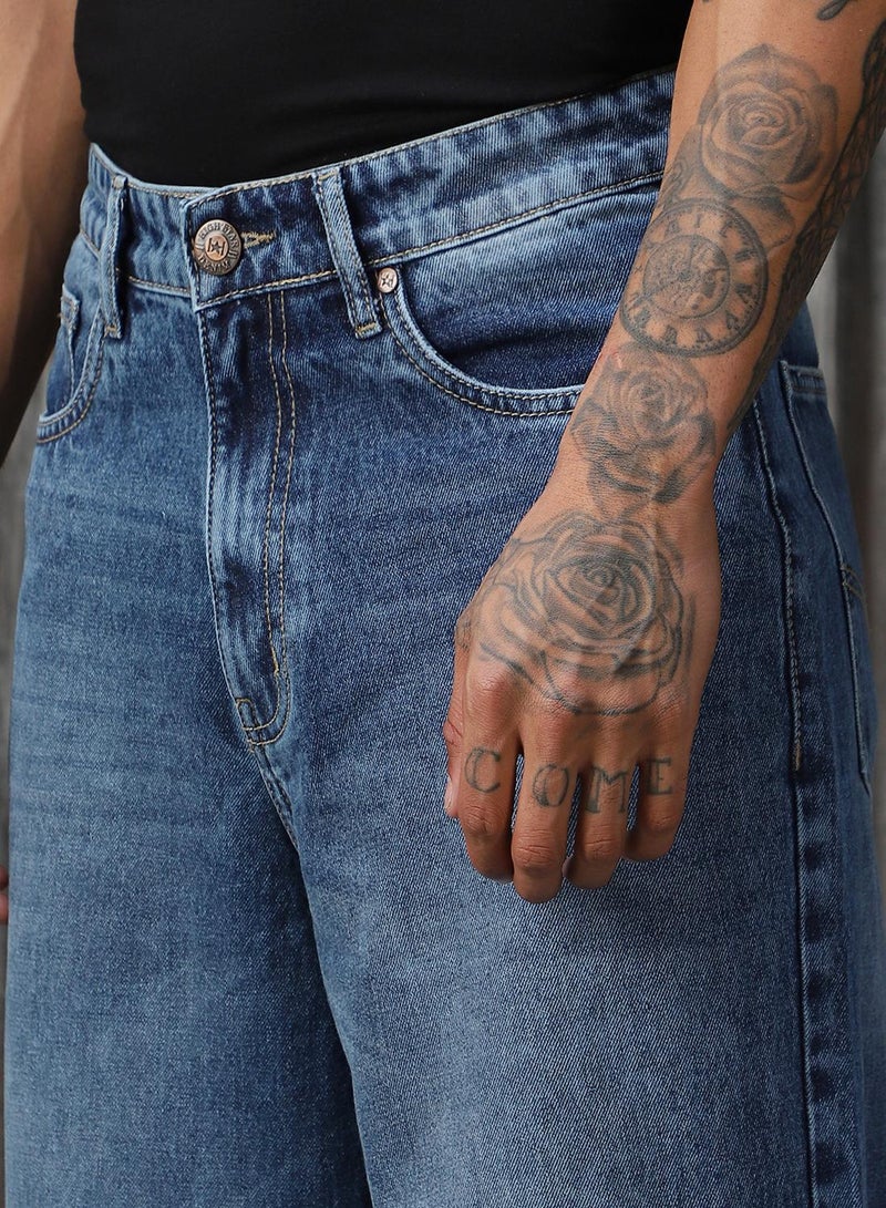 HIGH STAR Men's Indigo 100% Cotton Distressed Full Length Loose Fit Jeans  - Image 4