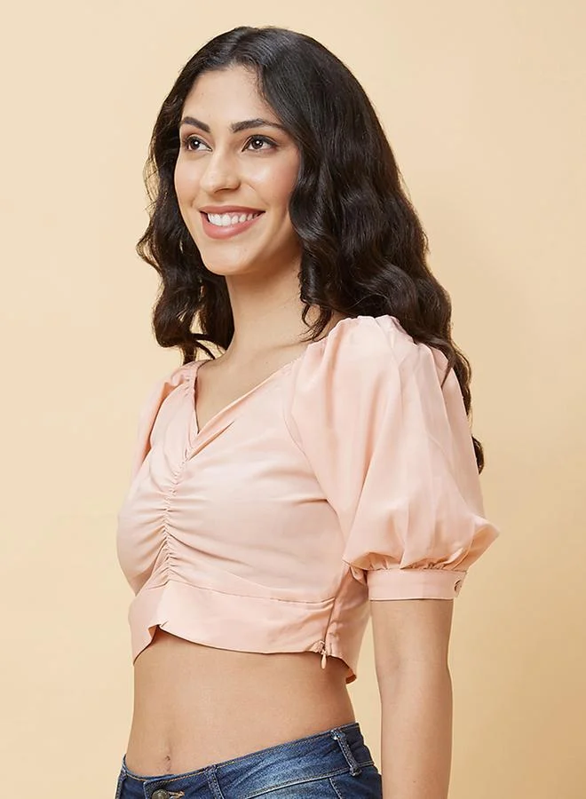 globus Globus Women Peach Solid Ruched V Neck Crop Top