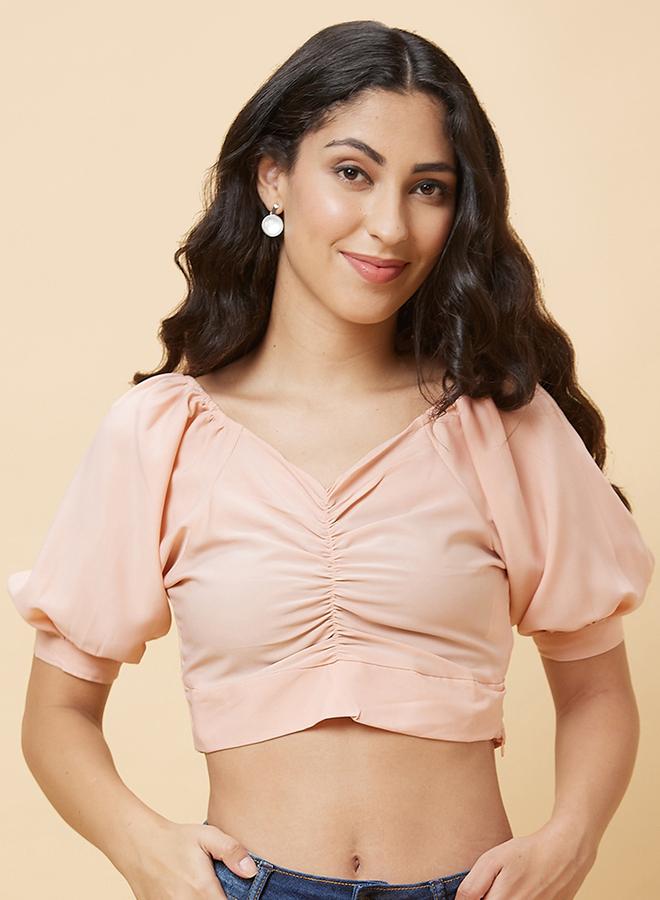 Globus Women Peach Solid Ruched V Neck Crop Top - Image 2
