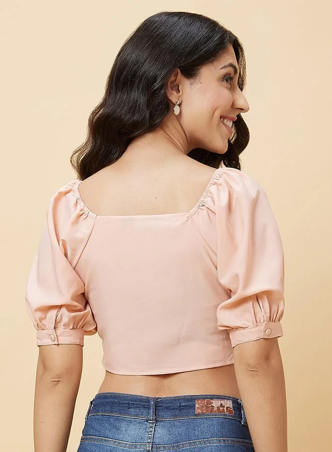 globus Globus Women Peach Solid Ruched V Neck Crop Top