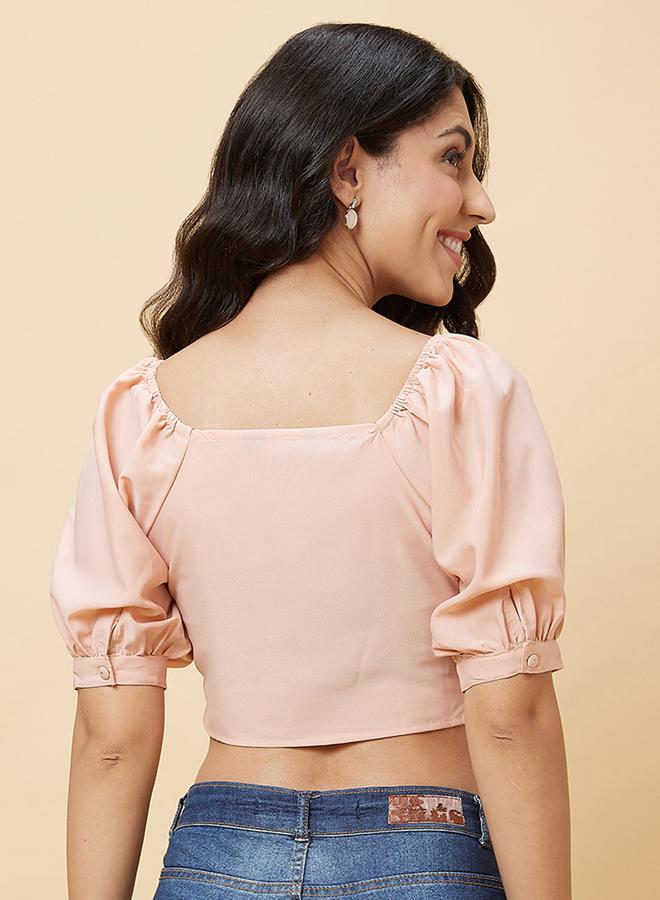 Globus Women Peach Solid Ruched V Neck Crop Top - Image 4