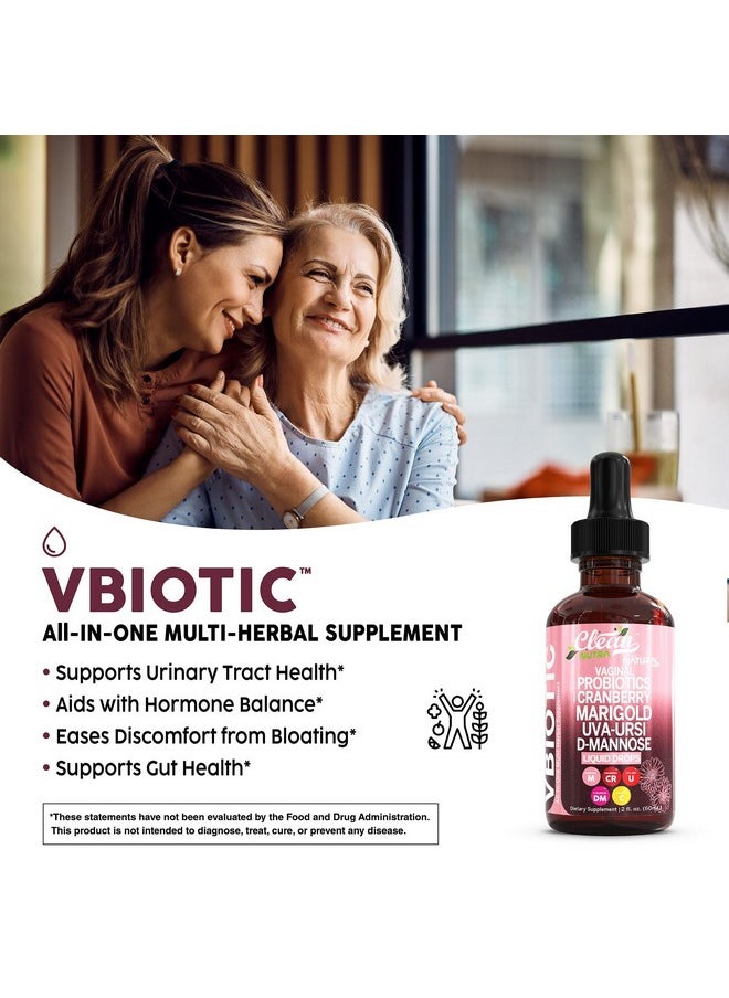 Clean Nutraceuticals - VBiotic Vaginal Probiotic for Women Liquid Drops | Womens Probiotics | Cranberry Uva Ursi Horsetail D-Mannose Prebiotics Marigold & Black Cohosh Vaginal Health Supplement | pH Balance | By Clean Nutra - Image 1