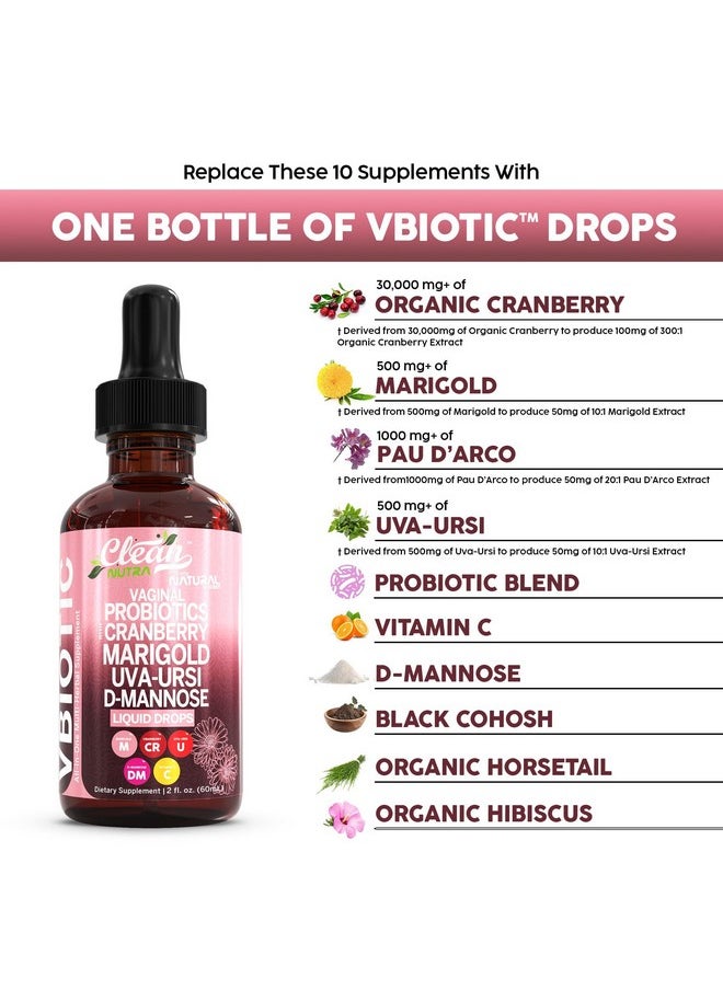 Clean Nutraceuticals - VBiotic Vaginal Probiotic for Women Liquid Drops | Womens Probiotics | Cranberry Uva Ursi Horsetail D-Mannose Prebiotics Marigold & Black Cohosh Vaginal Health Supplement | pH Balance | By Clean Nutra - Image 1
