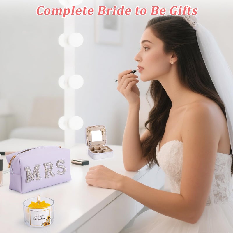 Doublewhale Bridal Shower Gifts for Bride to Be - 7PCS Gift Set with Bride Slippers, Mrs Jewelry Box, Bride Hair Clip, Scented Candle, Cosmetic Bag, Greeting Card with Gift Box for Wedding Engagement Bachelorette - Image 2