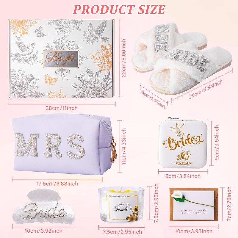 Doublewhale Bridal Shower Gifts for Bride to Be - 7PCS Gift Set with Bride Slippers, Mrs Jewelry Box, Bride Hair Clip, Scented Candle, Cosmetic Bag, Greeting Card with Gift Box for Wedding Engagement Bachelorette - Image 3