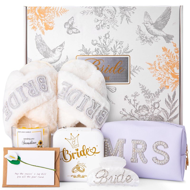 Doublewhale Bridal Shower Gifts for Bride to Be - 7PCS Gift Set with Bride Slippers, Mrs Jewelry Box, Bride Hair Clip, Scented Candle, Cosmetic Bag, Greeting Card with Gift Box for Wedding Engagement Bachelorette - Image 1