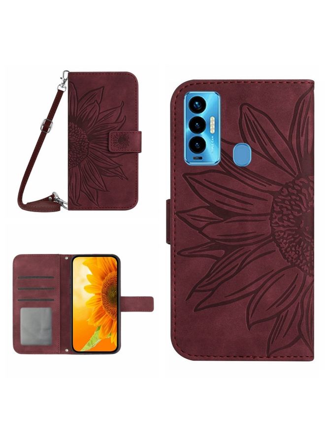 HuHa Case Cover For For Tecno Camon 18i Skin Feel Sun Flower Pattern Flip Leather Phone Case with Lanyard(Wine Red) 