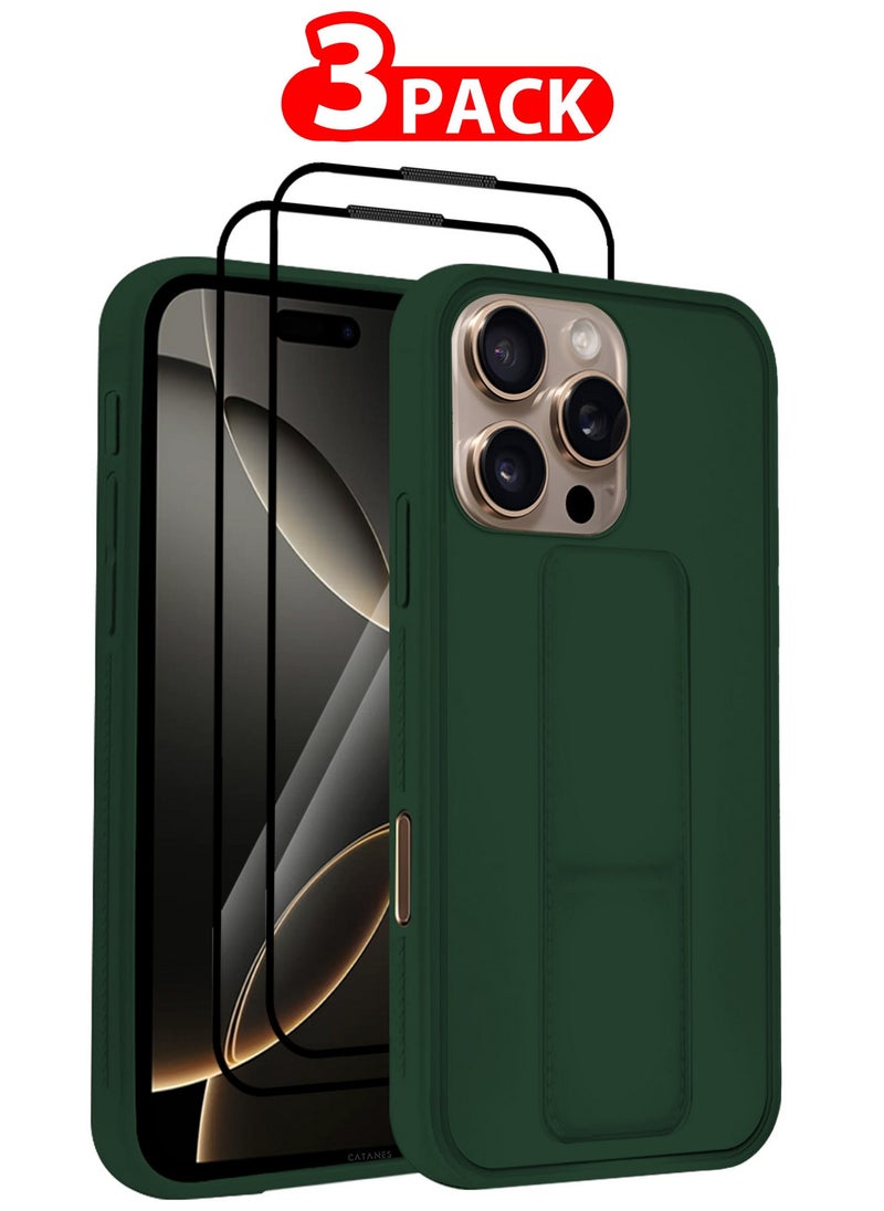 CATANES - ( for iPhone 16 Pro Max ) 3 Pack, 1 Case and 2 Screen Protectors Premium PU Leather Case with Stand Function Shockproof and Anti Scratch Finger Grip Case Cover / Green - Image 1
