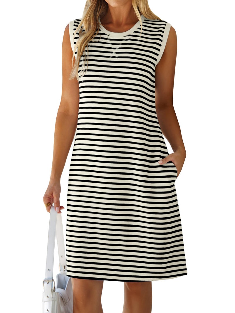Glamaker Womens Summer Tshirt Dresses - Casual Sleeveless Striped Shift Tank Short Sundress Boho Beach Vacation Outfits 2026 Black Stripe,L - Image 1