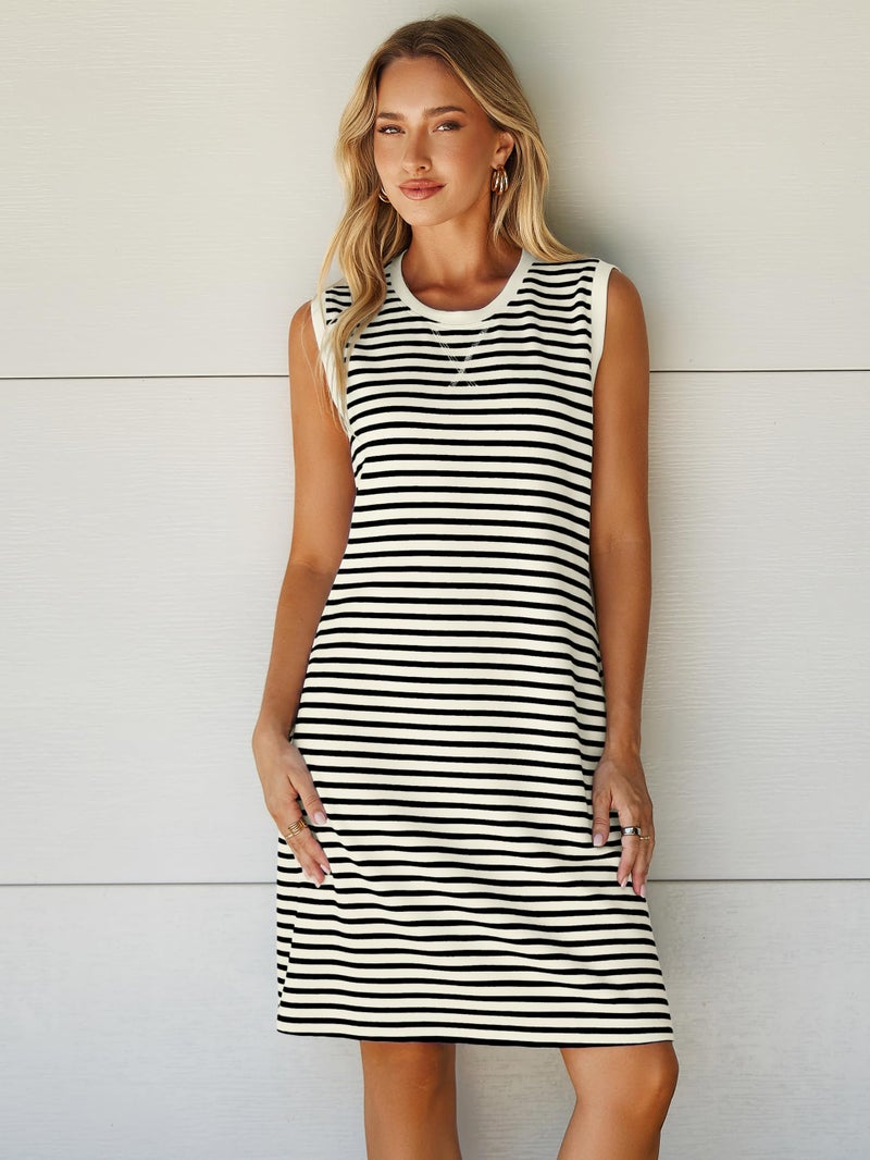 Glamaker Womens Summer Tshirt Dresses - Casual Sleeveless Striped Shift Tank Short Sundress Boho Beach Vacation Outfits 2026 Black Stripe,L - Image 4