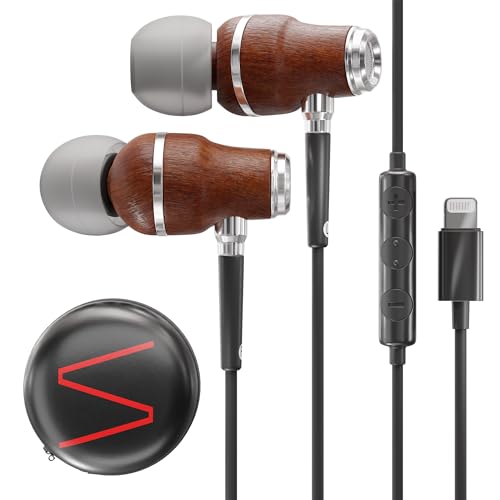 Symphonized iPhone Earphones Wired Deep Bass Sound, 3D Sound, Microphone Volume Control, 90% Noise Cancelling, Bubinga Wooden with Lightning (Apple MFI Certified), iPhone SE to 14 Earbuds (Black) - Image 1