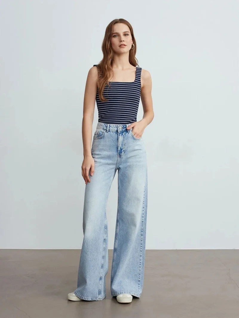 Dilvin DILVIN Striped Ribbed Sleeveless Cami Blouse