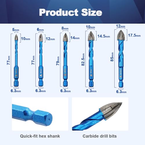 BRSCHNITT Masonry Drill Bit BRSCHNITT 10pcs Carbide Tips Concrete Drill Bit Set for Pots Bottles Ceramic Tile Glass Brick Ceramic Hex Shank - Image 2