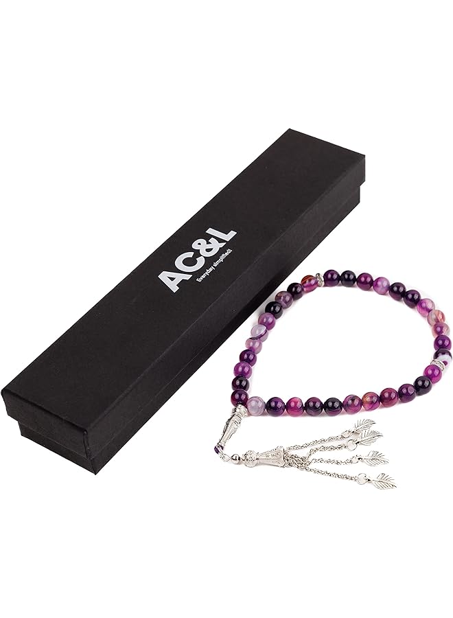AC&L Purple Stripe Natural Agate Tasbeeh Prayer Beads 8mm Stones - Image 2