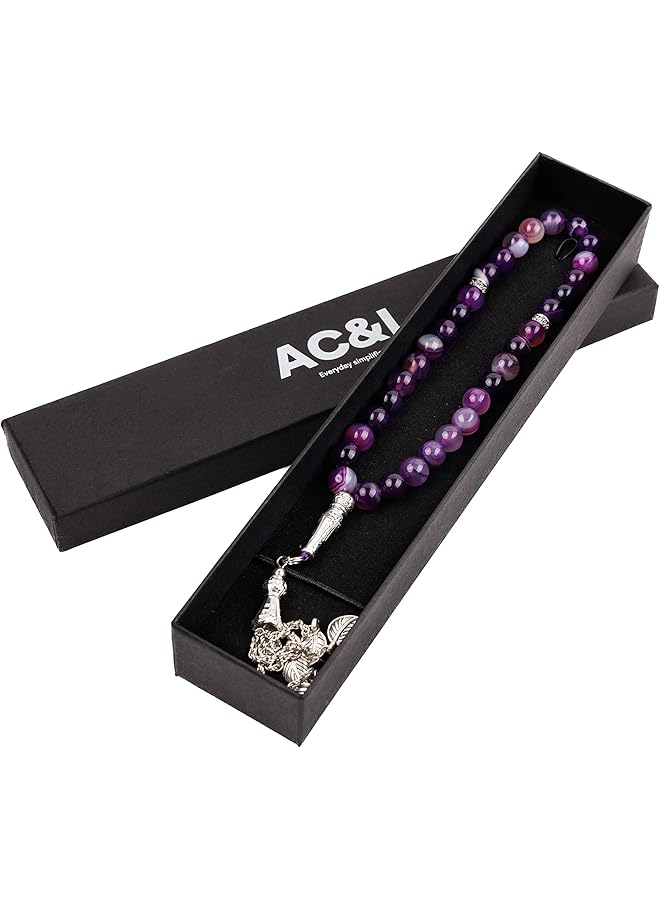 AC&L Purple Stripe Natural Agate Tasbeeh Prayer Beads 8mm Stones - Image 3