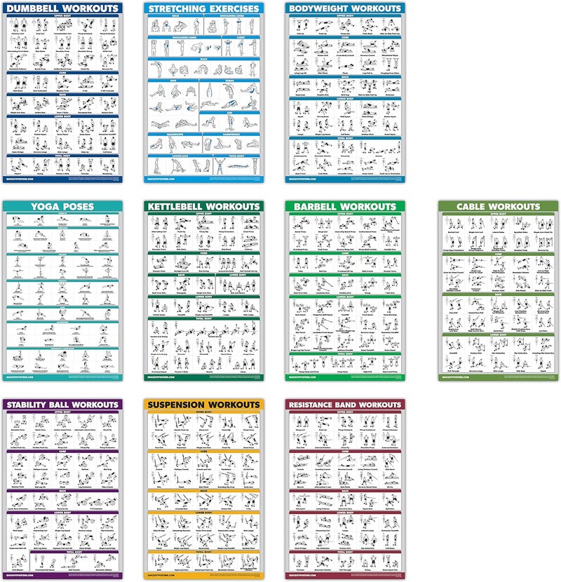 Palace Learning 10 Pack - Exercise Workout Poster Set - Cable Machine, Dumbbell, Suspension, Kettlebell, Resistance Bands, Stretching, Bodyweight, Barbell, Yoga Poses, Exercise Ball (LAMINATED, 18" x 24") - Image 1