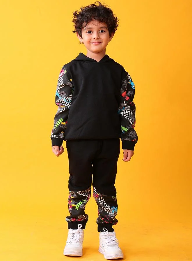 Anthrilo Boys Black Color Block Hoodie and Joggers Set