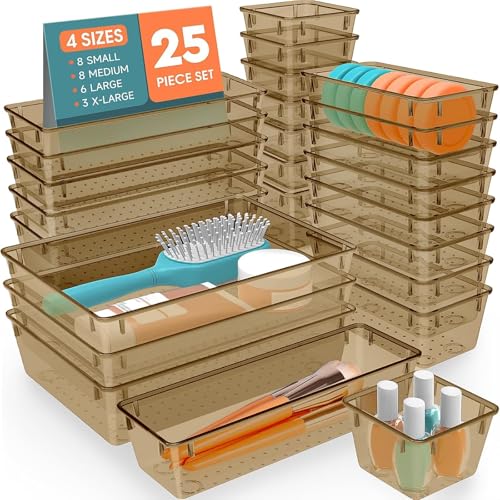 SpaceHacks 25 PCS Plastic Drawer Organizer Set, 4-Size Versatile Organizer Trays & Storage Bins for Makeup, Jewelry, and Gadgets in Bathroom, Bedroom and Office,Champagne - Image 1