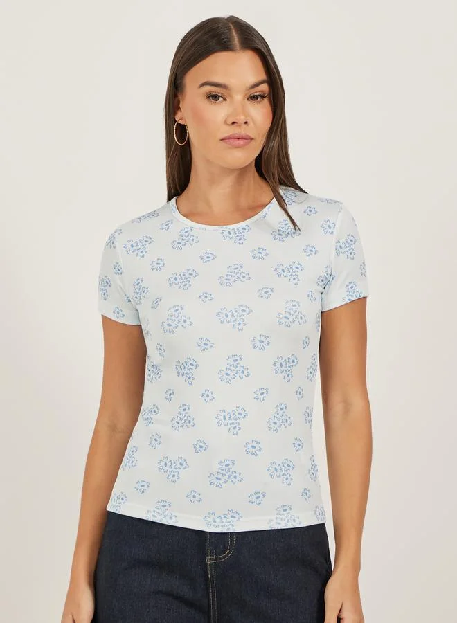 Styli Ribbed Floral Print Round Neck T-Shirt