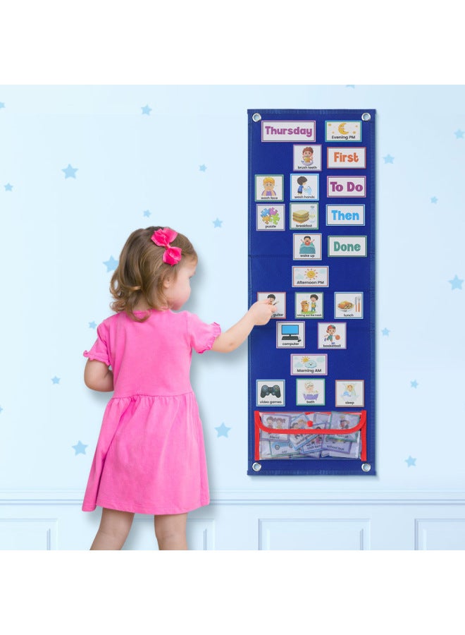 Kids Visual Schedule Calendar Daily Routine Planner Children's Intelligence Development Fabric Toy No Cartoon Characters-Color:Upgraded Blue - Image 1