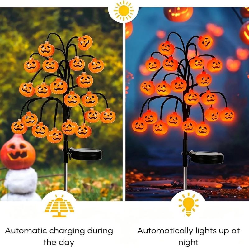 Halloween Solar Stake Lights 3 Pack: Pumpkin, Eyeball, Skeleton Glowing Garden Lights, Waterproof Ground Stake Decor for Pathway Yard Lawn, Auto On Off at Dusk - Outdoor Holiday Lighting - Image 2