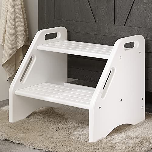AMBIRD Wooden Two Step Stools Toddler with Safety NonSlip Pads and Handles Bamboo Step Stool for Bathroom Bedroom Kitchen Dual Height Step Stools for Kids White