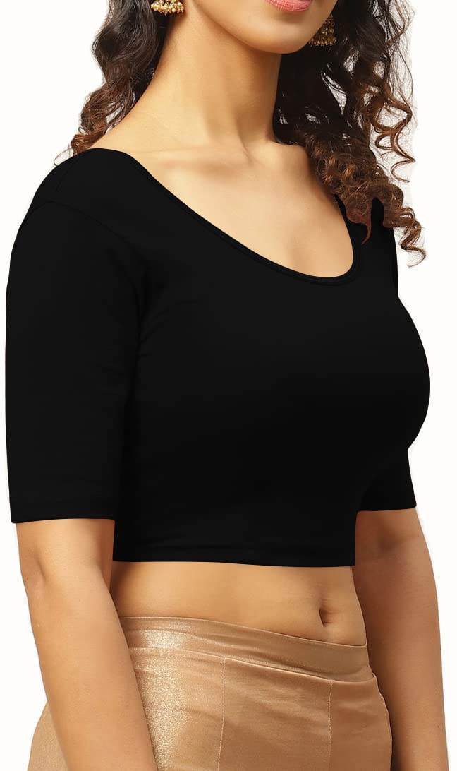 THE BLAZZE 1303 Women's Cotton Scoop Neck Backless Elbow Sleeve Crop Top Readymade Saree Blouse For Women(L,Black_01) - Image 3