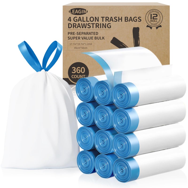 LEAGIM Small Trash Bags 4 Gallon, 360 Count -1.2 Mil Drawstring Mini Garbage Bags, White Plastic Trash Can Liners for Bathroom Accessories, 15 Liter, Bedroom, Dorm Room Essentials, Office - Image 1