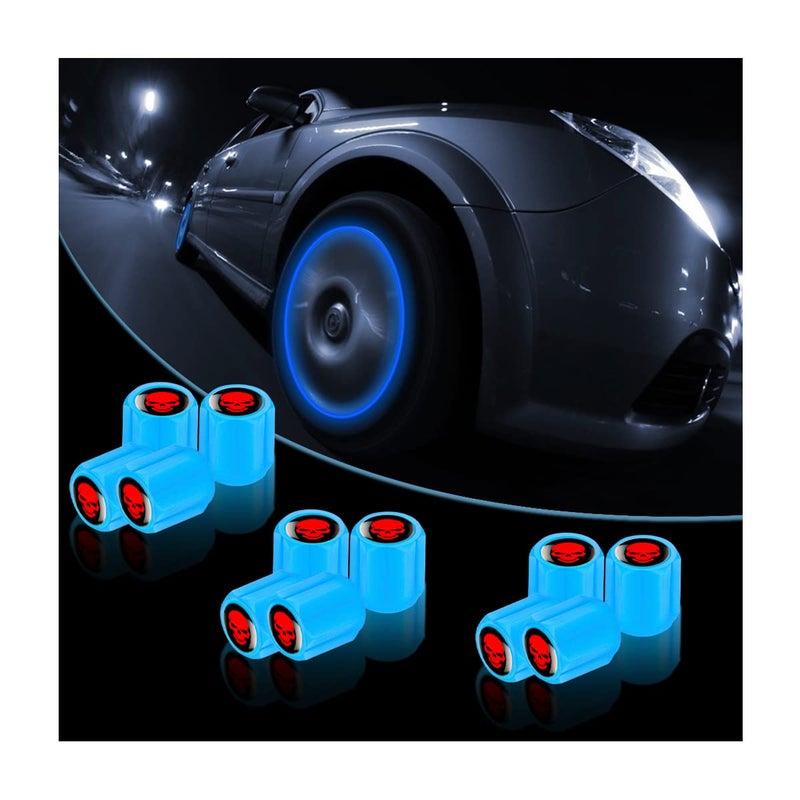12PCS Fluorescent Skull Tire Valve Stem Caps Car Corrosion Resistant Wheel Valve Cover Luminous Illuminated Skull Glow in The Dark Auto Decor Accessories for Motorcycles SUV Car Blue