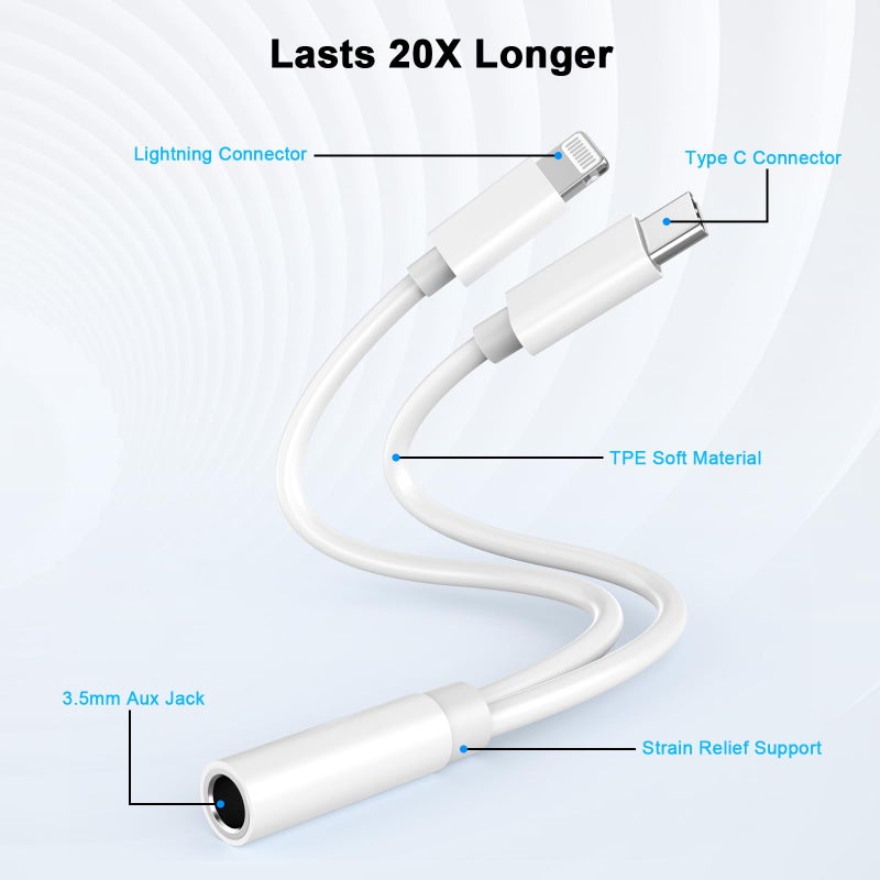 wamaxlink [Apple MFi Certified] iPhone 17 16 15 14 Headphone Adapter, 2-in-1 Lightning/USB C to 3.5 mm Headphone Jack Adapter, iPhone Aux Adapter Converter Dongle Audio Cable for iPhone 17 16 15 14 13 12 11 - Image 3