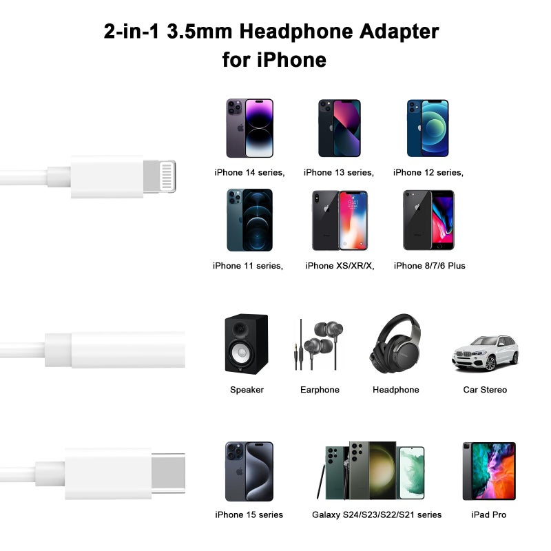 wamaxlink [Apple MFi Certified] iPhone 17 16 15 14 Headphone Adapter, 2-in-1 Lightning/USB C to 3.5 mm Headphone Jack Adapter, iPhone Aux Adapter Converter Dongle Audio Cable for iPhone 17 16 15 14 13 12 11 - Image 4