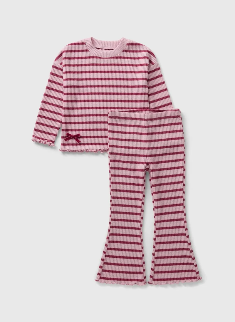 ماتلان طقم بناتي بلوزة مخططة باللون العنابي وسروال واسع