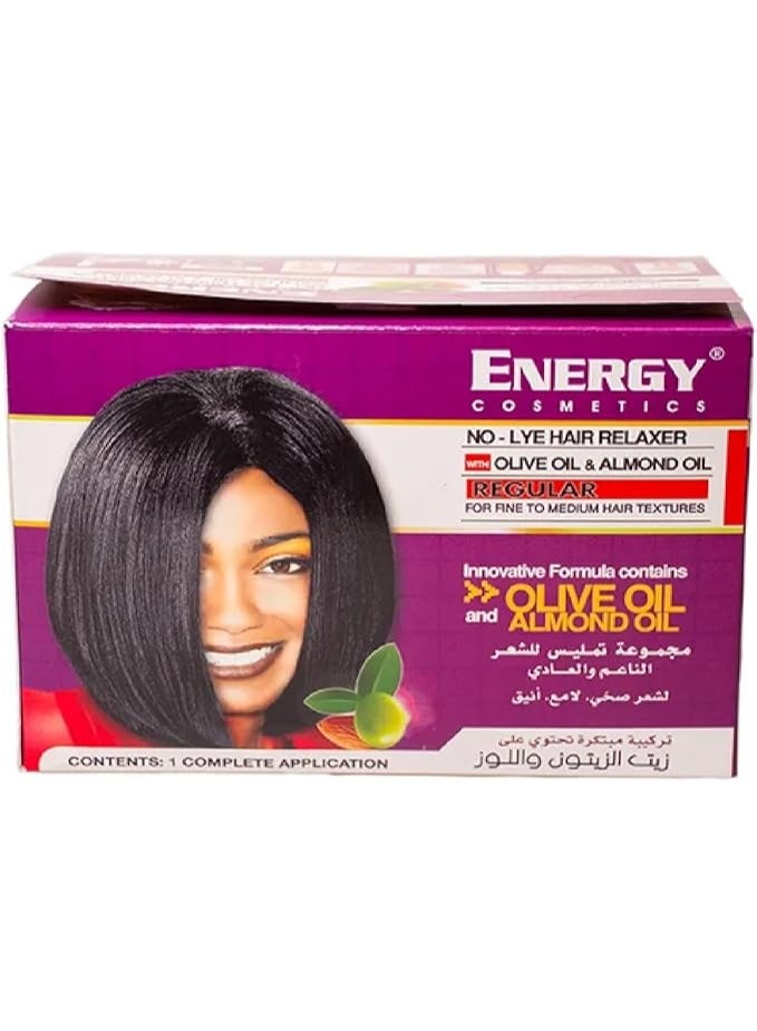Energy No Lye Hair Relaxer Kit – Regular Strength with Olive & Almond Oil for Fine to Medium Hair – Complete Hair Straightening System with Conditioner & Neutralizing Shampoo