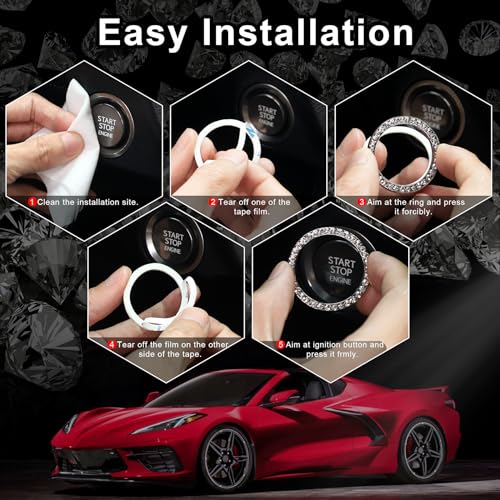 LivTee 2 PCS Crystal Rhinestone Car Engine Start Stop Decoration Ring, Bling Car Interior Accessories for Women, Push to Start Button Cover Sticker, Automotive Decals, Red - Image 3