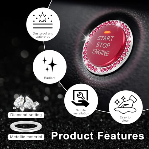 LivTee 2 PCS Crystal Rhinestone Car Engine Start Stop Decoration Ring, Bling Car Interior Accessories for Women, Push to Start Button Cover Sticker, Automotive Decals, Red - Image 5