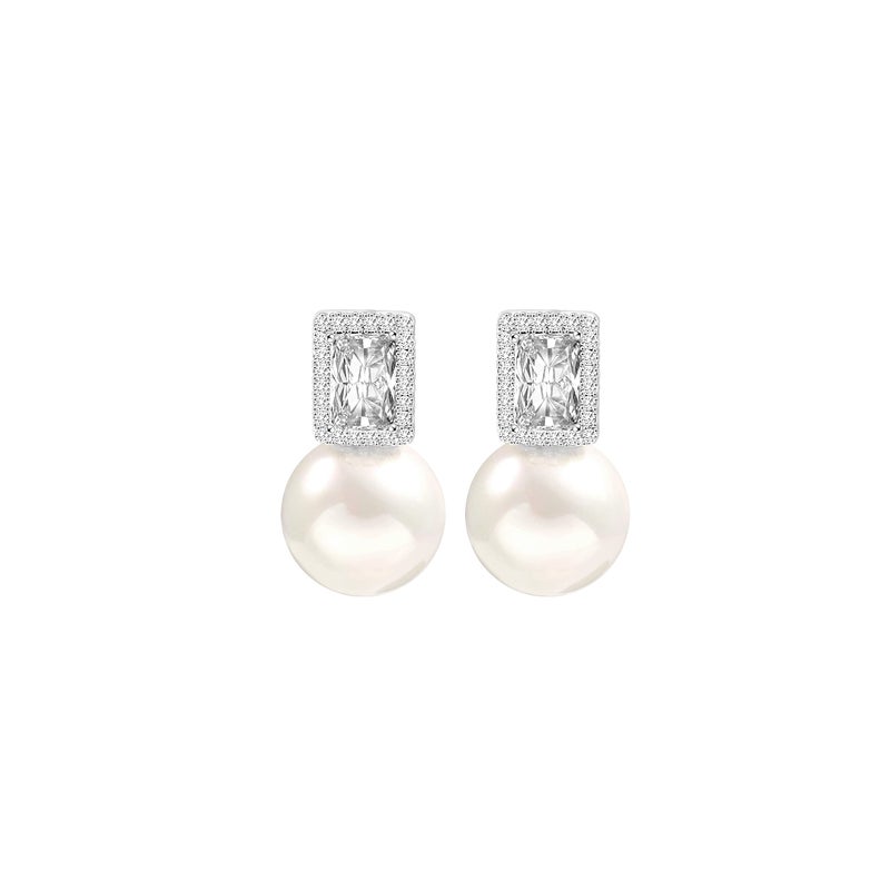 PEARLADA Silver Cubic Zirconia Halo Stud Earrings, Trendy Shell Pearl Earrings for Women, Emerald Cut Diamond Earrings, Dainty Wedding Jewelry - Image 1