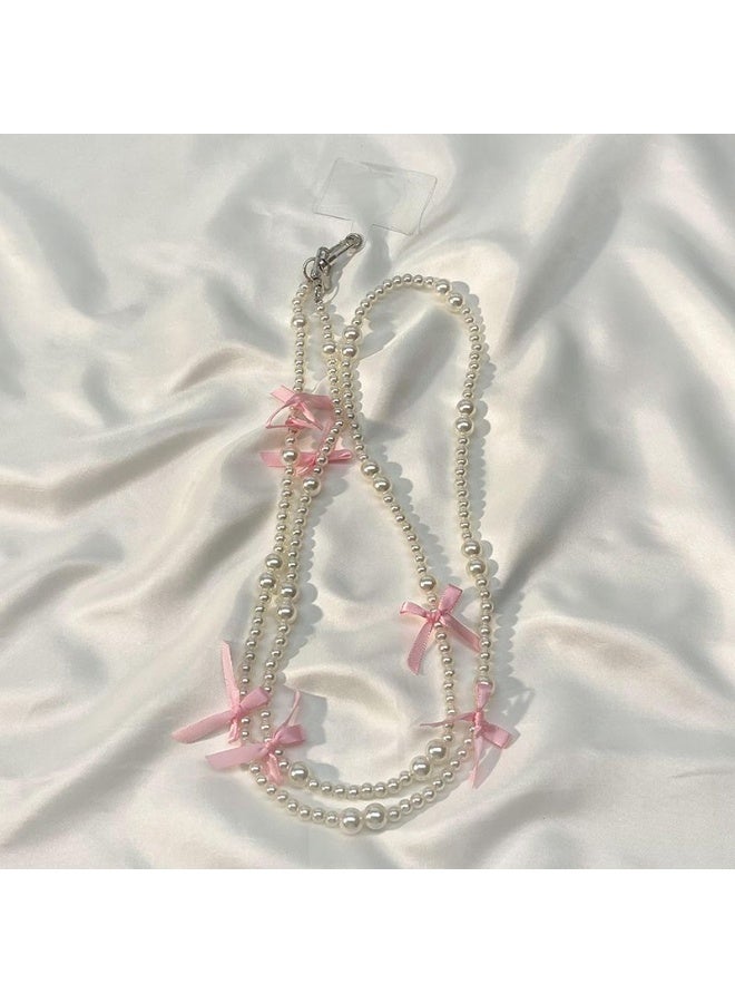 NIBEMINENT Phone Charm/ Chain Strap for Women Girls, Bright White Pearl Bow Cell Phone Case Lanyard Wrist Strap - Image 1