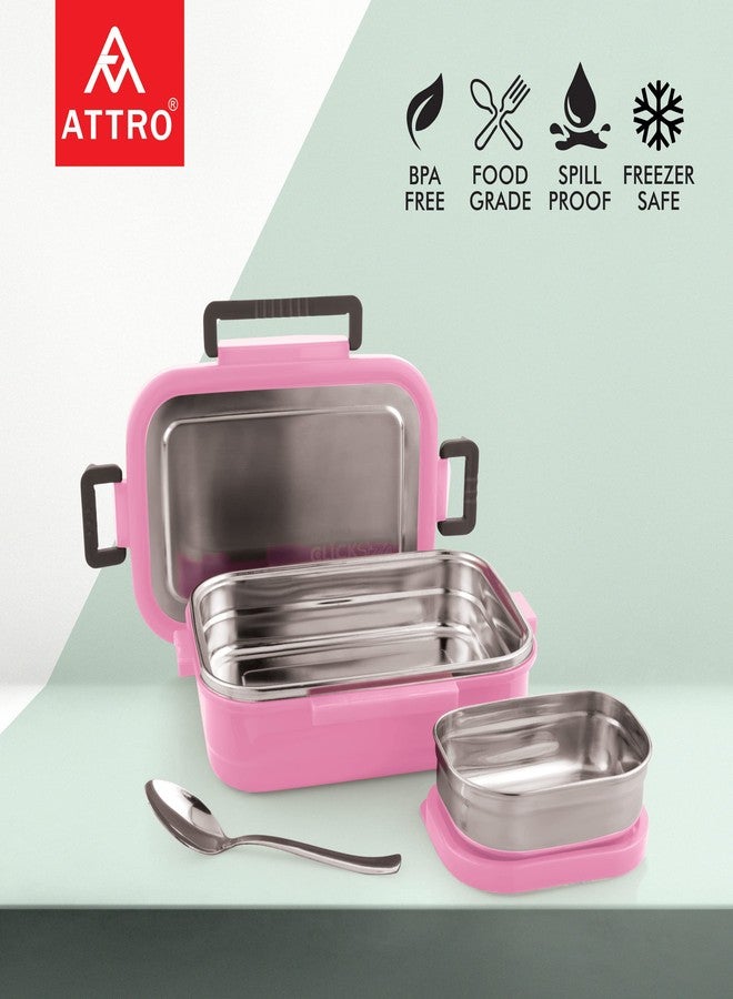 Attro Click Style Stainless Steel Insulated Airtight Leak-Proof Lunch Box for Office, School, Picnic, 800 Ml- Pink - Image 5