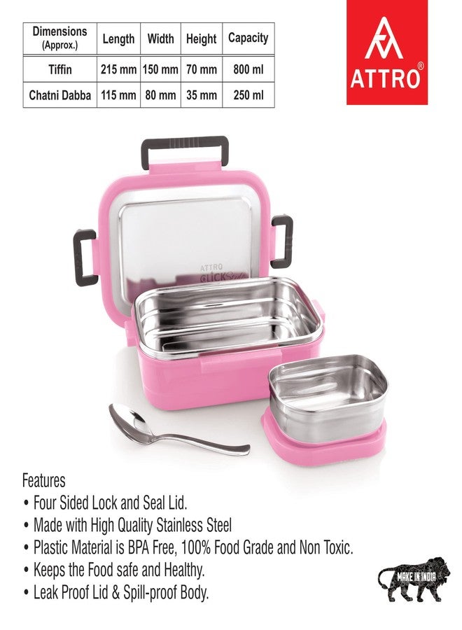 Attro Click Style Stainless Steel Insulated Airtight Leak-Proof Lunch Box for Office, School, Picnic, 800 Ml- Pink - Image 4