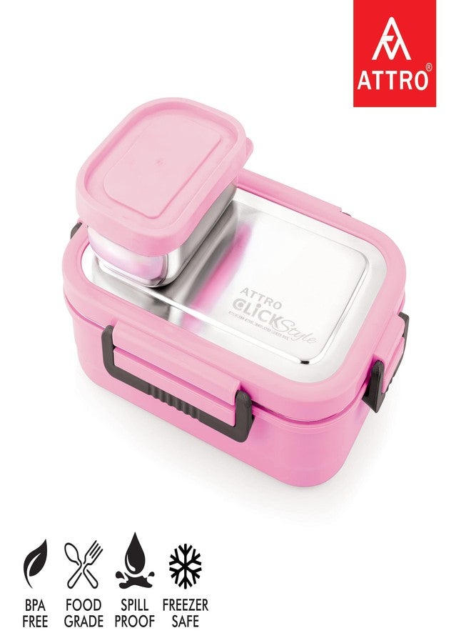 Attro Click Style Stainless Steel Insulated Airtight Leak-Proof Lunch Box for Office, School, Picnic, 800 Ml- Pink - Image 2