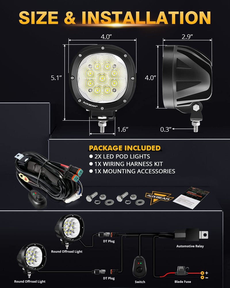 Auxbeam 4 Inch 90W LED Flood Lights Round Offroad Lights Round LED Pods Light Bar Driving Lights Bumper Roof Hood for Trucks ATV Car Motorcycle Jeep - Image 5